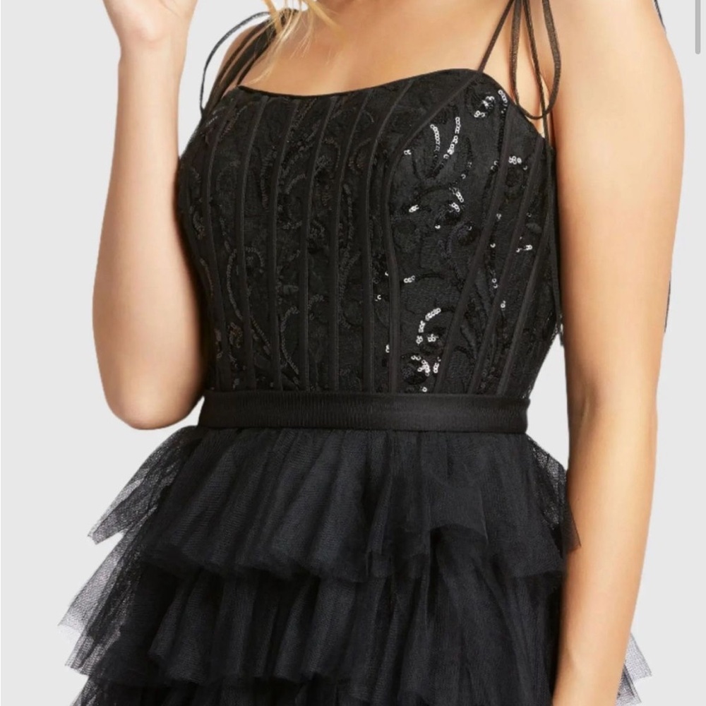 Mac Duggal Black Lace Tiered Wedding Dress